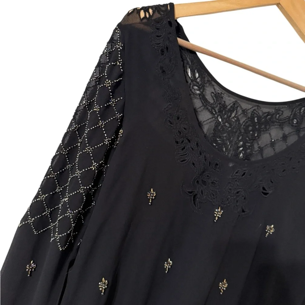 FREE PEOPLE Unchain My Heart Beaded Embroidered Black Long Sleeve Mini Dress